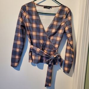 Pretty Little Thing Pink & Blue plaid wrqp blouse